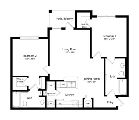 Floor plan for 2 beds, 2 baths, 969 sqft